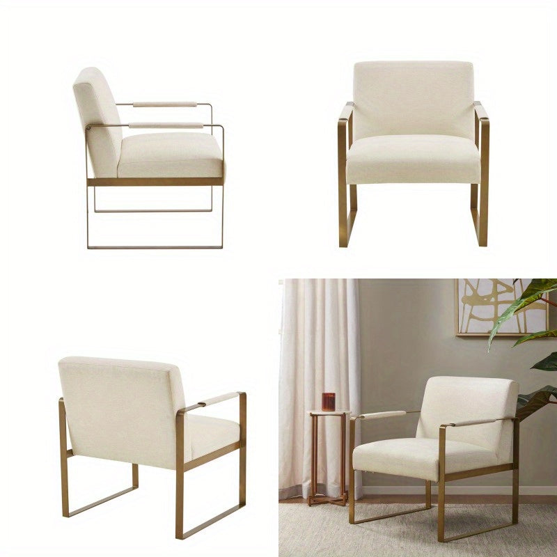 2025 Accent Chair - Modern Minimalist Design with Golden Accents, Elegant White Fabric & Metal Frame, Perfect for Living Room or Office Decor, No Assembly Required,