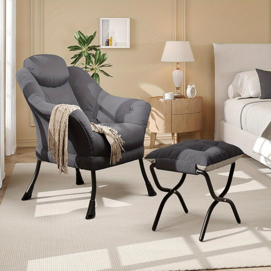 TOWALLMARK Modern Lazy Chair with Ottoman - Ergonomic Armrests, Side Pocket & Footrest, Hardwood Frame & Metal Base, Mixed Color Upholstery,