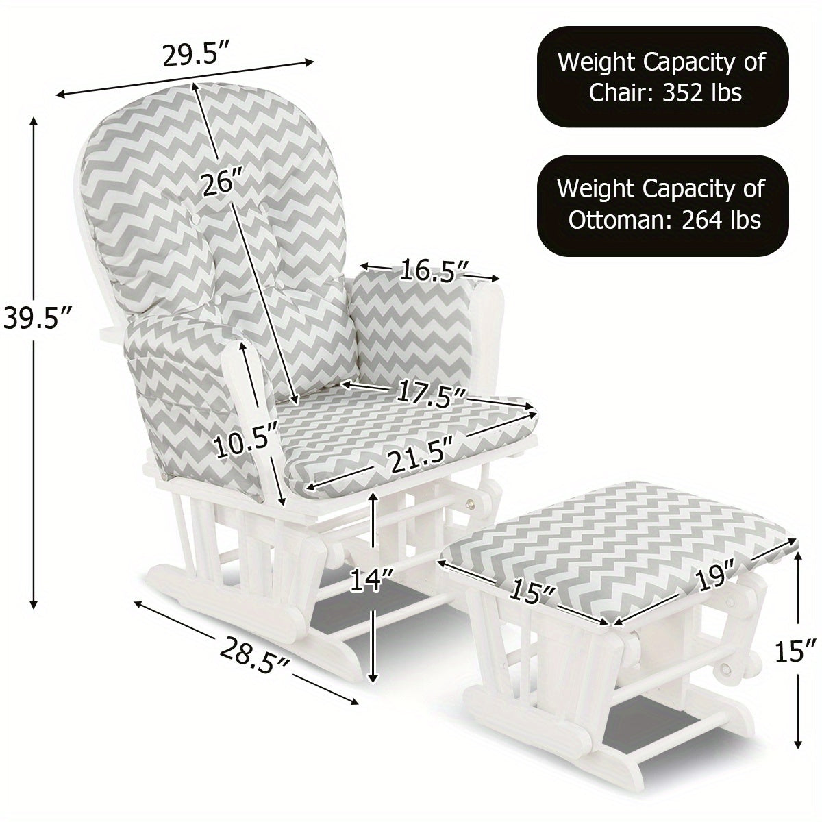MAXMASS Glider and Ottoman Set, Rocking Chair & Ottoman Set with Solid Wooden Frame & Smooth Rocking Motion, Detachable Padded Cushion with Storage Pocket,