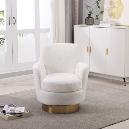 Teddy 360° Swivel Barrel Accent Chair - Plush Round Reading Armchair with Golden Stainless Steel Base, Ivory Upholstery, No Assembly Required for Living Room & Bedroom