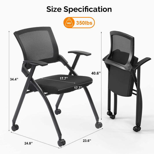 LEADZM Conference Room Chair Folding Office Chair Stackable Side Chair with Wheels and Adjustable Armrest For Home Meeting Furniture 2 Pack, Black