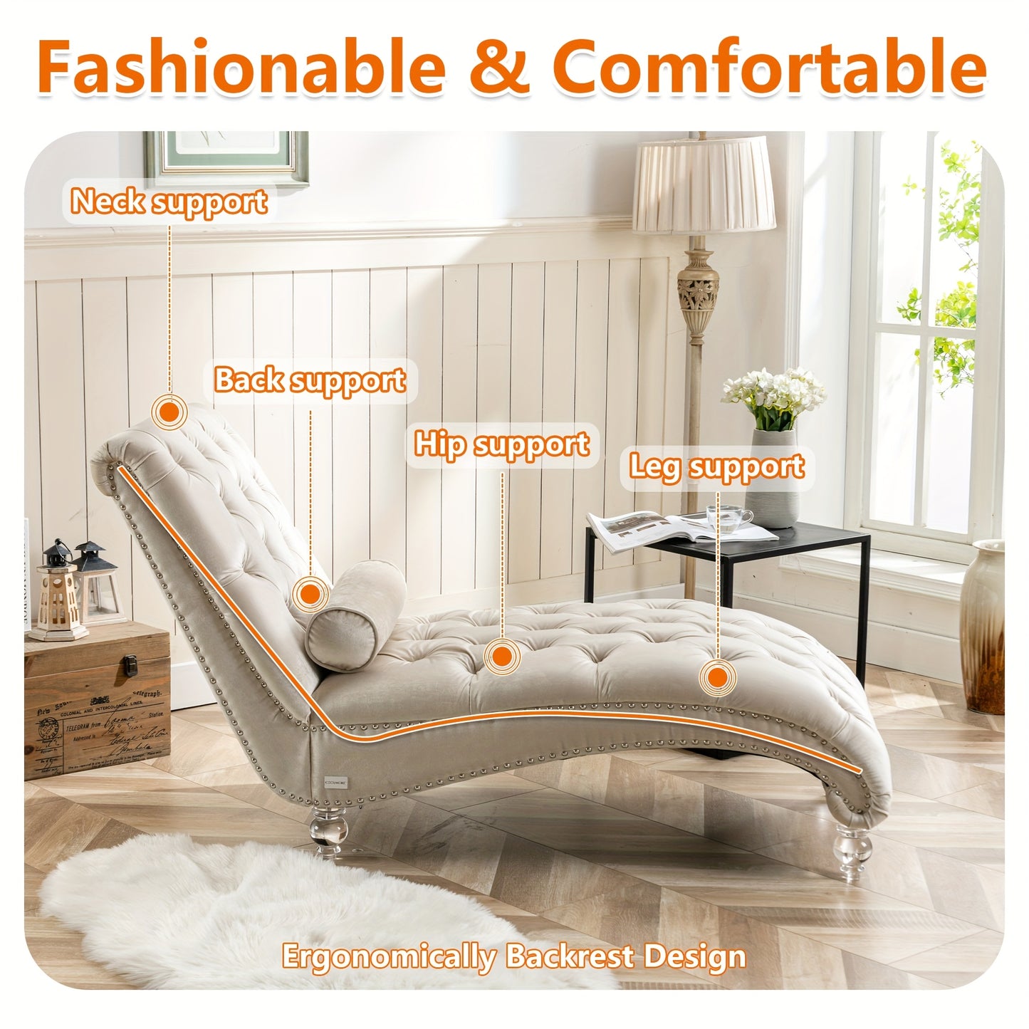 Velvet Chaise Lounge Indoor, Button-Tufted Upholstered Chaise Lounge Chair with Pillow for Bedroom Living Room Office