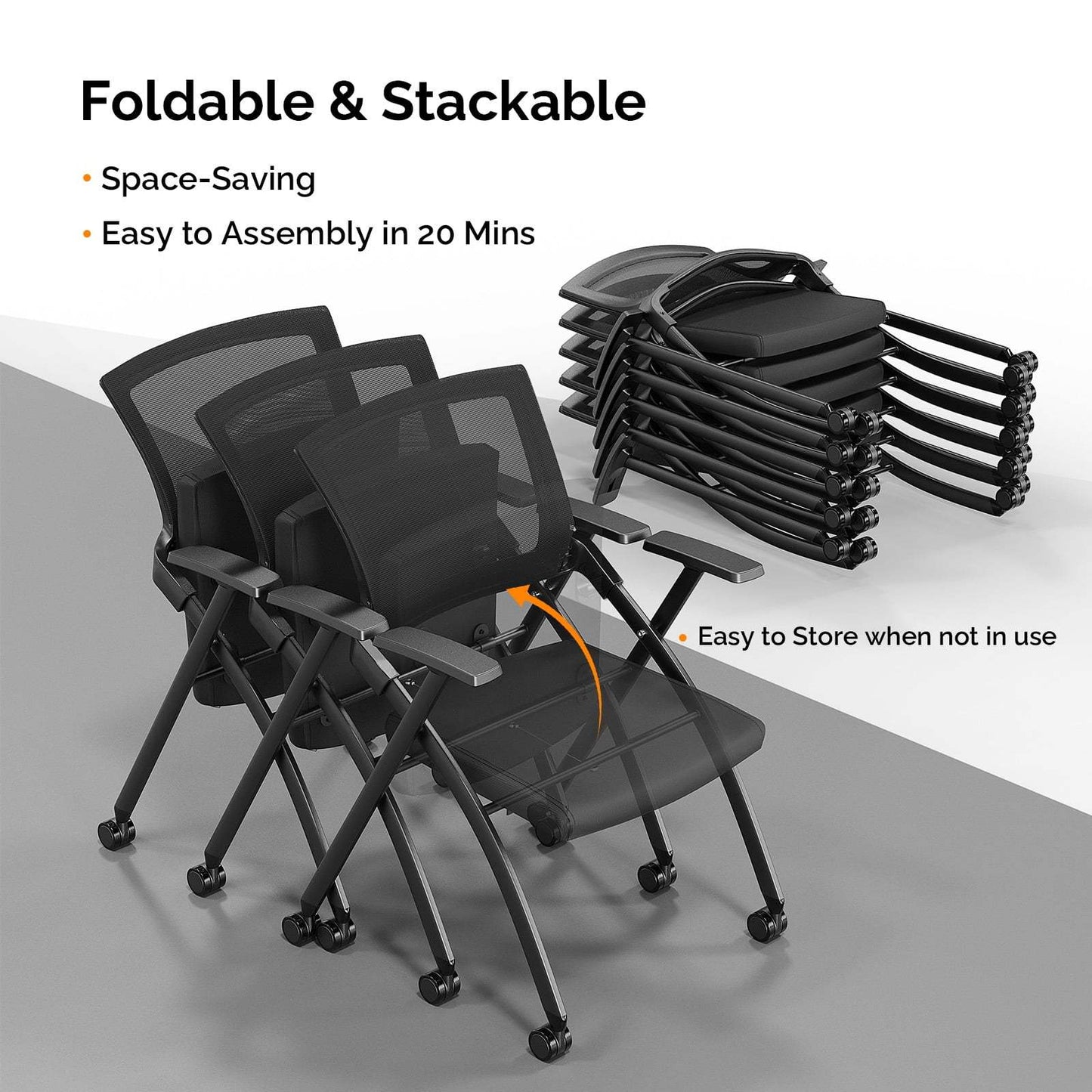 LEADZM Conference Room Chair Folding Office Chair Stackable Side Chair with Wheels and Adjustable Armrest For Home Meeting Furniture 2 Pack, Black
