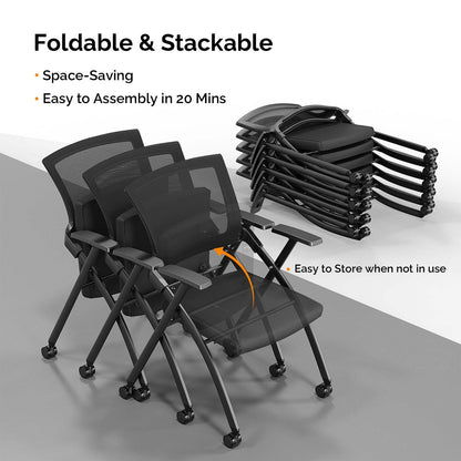 LEADZM Conference Room Chair Folding Office Chair Stackable Side Chair with Wheels and Adjustable Armrest For Home Meeting Furniture 2 Pack, Black