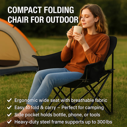 Foldable Black Outdoor Camping Chair with Thickened Oxford Fabric and Sturdy Steel Frame, Lightweight Anti-Slip Design, Suitable for Camping, Lakeside Fishing, Hiking,