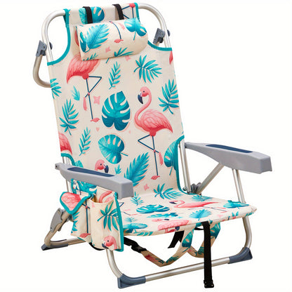 1pc Multi-pattern Beach Chair Outdoor Portable Folding Chair Thickened Oxford Fabric Silvery White Aluminum Alloy Bracket Dwarf Beach Vacation Camping Lounger